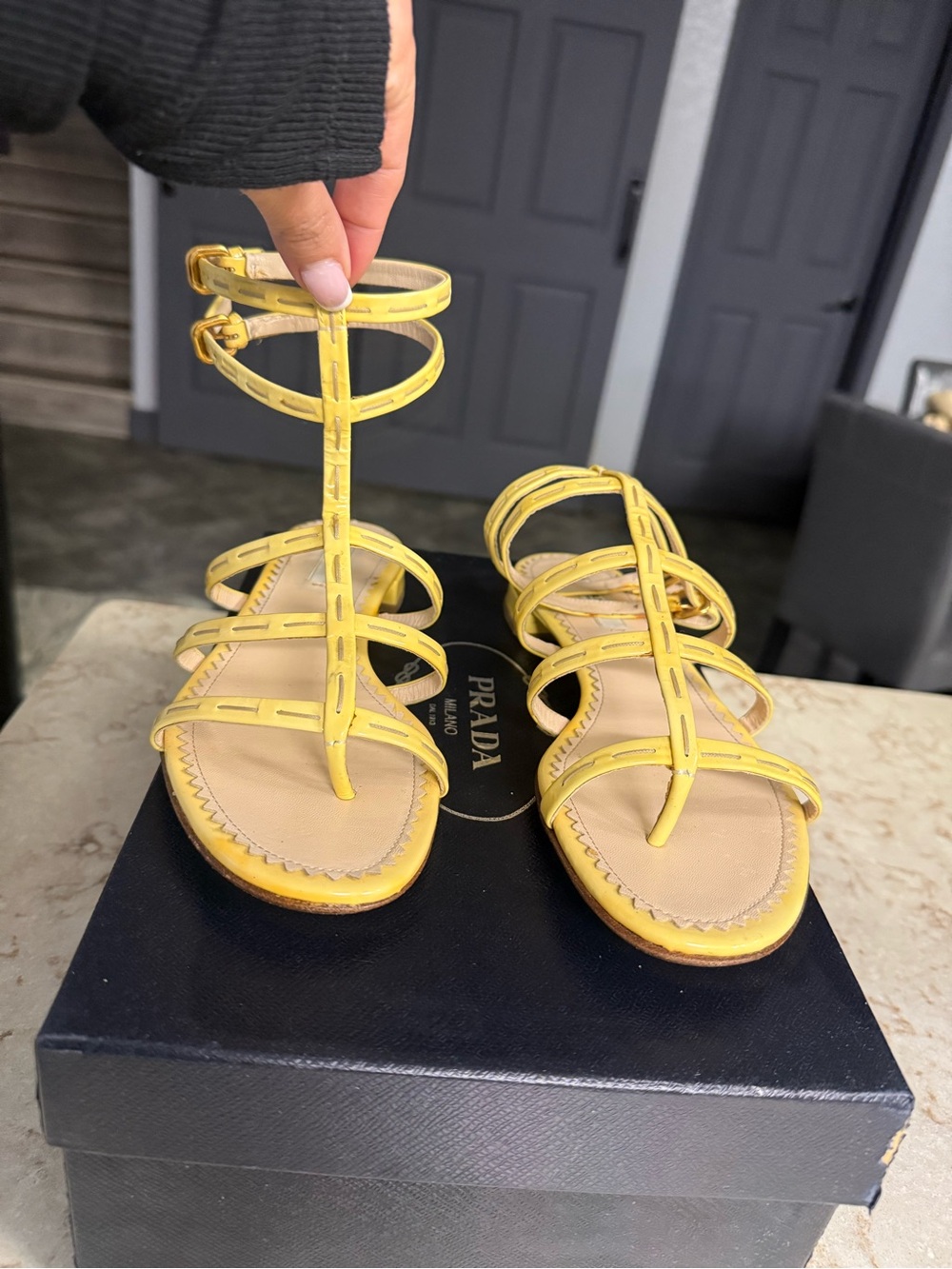 Prada Yellow Multi-Strap Leather Ankle Tie Sandals
